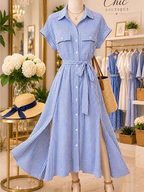 NWT Max Studio 1X Blue White Striped Belted Maxi Shirt Dress Side Slit Resort